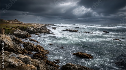 Wallpaper Mural Rocky coastline with crashing waves under a dark, stormy sky. Nature photography Torontodigital.ca