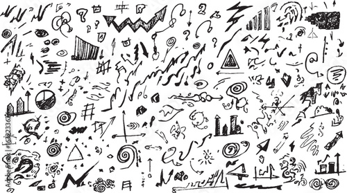 Hand drawn chalk brush stroke arrow icon set with underline, check mark, scribble texture,  