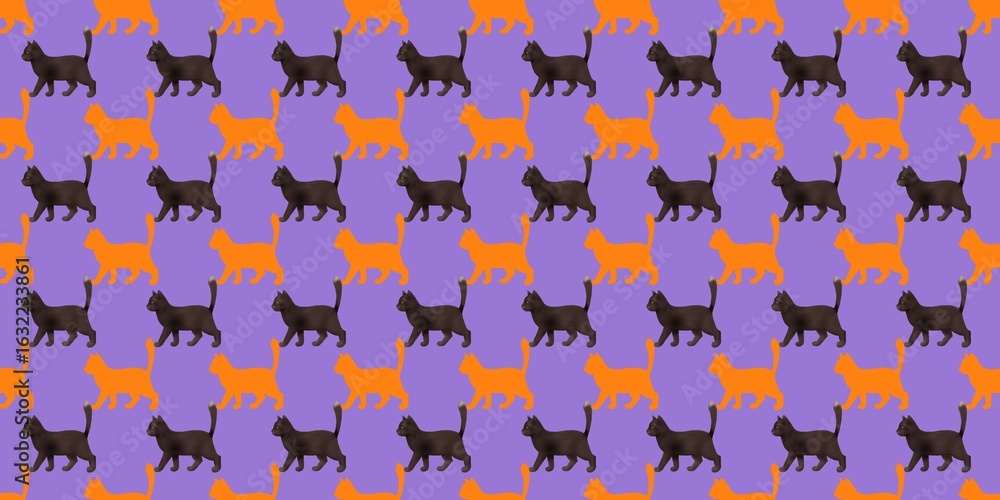 Fototapeta premium Seamless pattern with alternating black and orange cats on a purple background. Perfect for Halloween designs, pet-themed prints, kids’ textiles, or playful decorative projects.