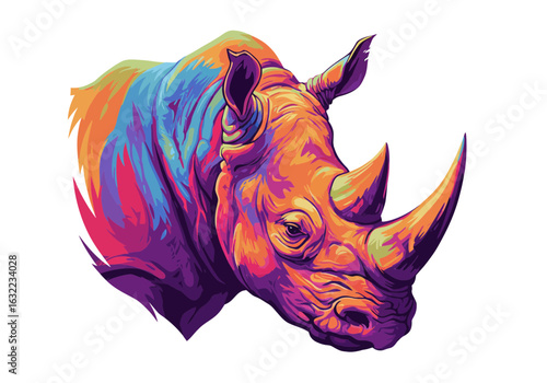 Colorful Rainbow Rhino Illustration – Psychedelic Animal Head Art – Multicolor Horned Rhinoceros Drawing – Abstract Pop Art Wildlife Design Concept

