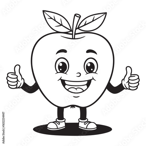 Black and White Cartoon Apple Mascot Character Giving Thumbs Up,  Cartoon Apple Giving a Compliment With Both Hands