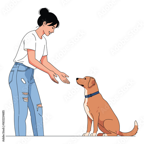 Dog learning stay command from woman