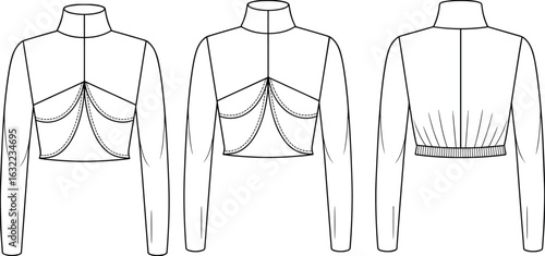 Fashionable Women's Long Sleeve Crop Top with Unique Bustier Detail and High Neckline in Vector Sketch for Clothing Design, a Must-Have Item.