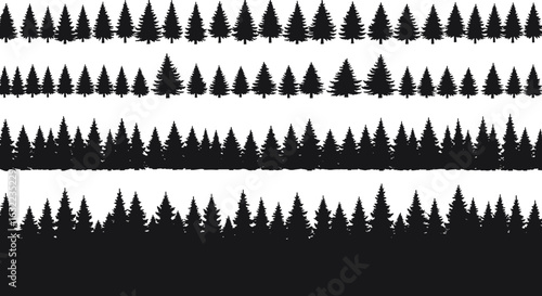 Silhouette rows of pine trees, seamless forest border design, vector illustration, black tree pattern, nature background, evergreen woodland landscape, conifer tree art file

Art & Illustration