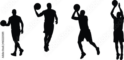 Basketball players silhouette isolated on white background, dynamic movement action poses, dribbling, jumping, shooting, professional sports vector, athlete illustration, team play concept design

