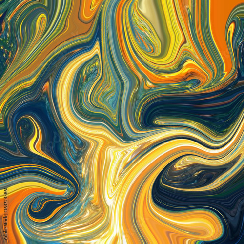 Radiant abstract swirls of gold, navy blue, and orange, blending in fluid, luxurious motion with dynamic curves.