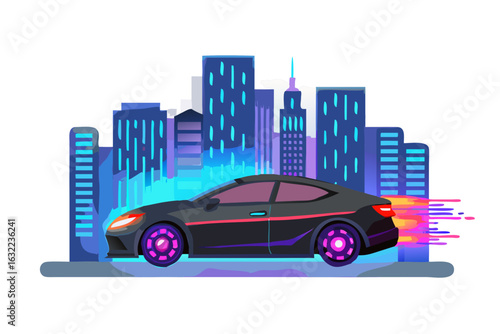 Sleek black car speeding through a neon lit futuristic city at night
