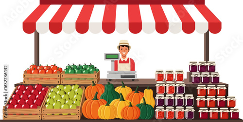Friendly vendor proudly displays abundant harvest of fresh fruits, pumpkins, and homemade jams at outdoor market stall