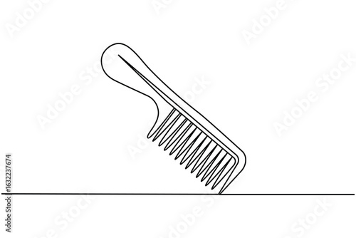 Continuous line drawing of a comb and scissors on white background. Minimalist hairdressing tool design