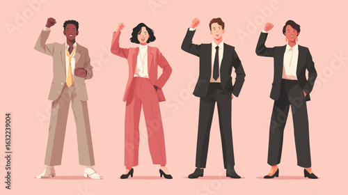 Men and women in their 20s to 40s in suits making a fist pump. Flat vector illustration