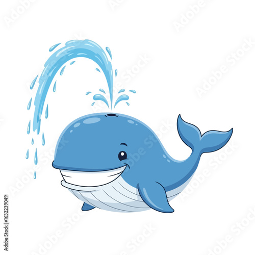 Vector art of a happy blue whale spouting water, isolated on white background