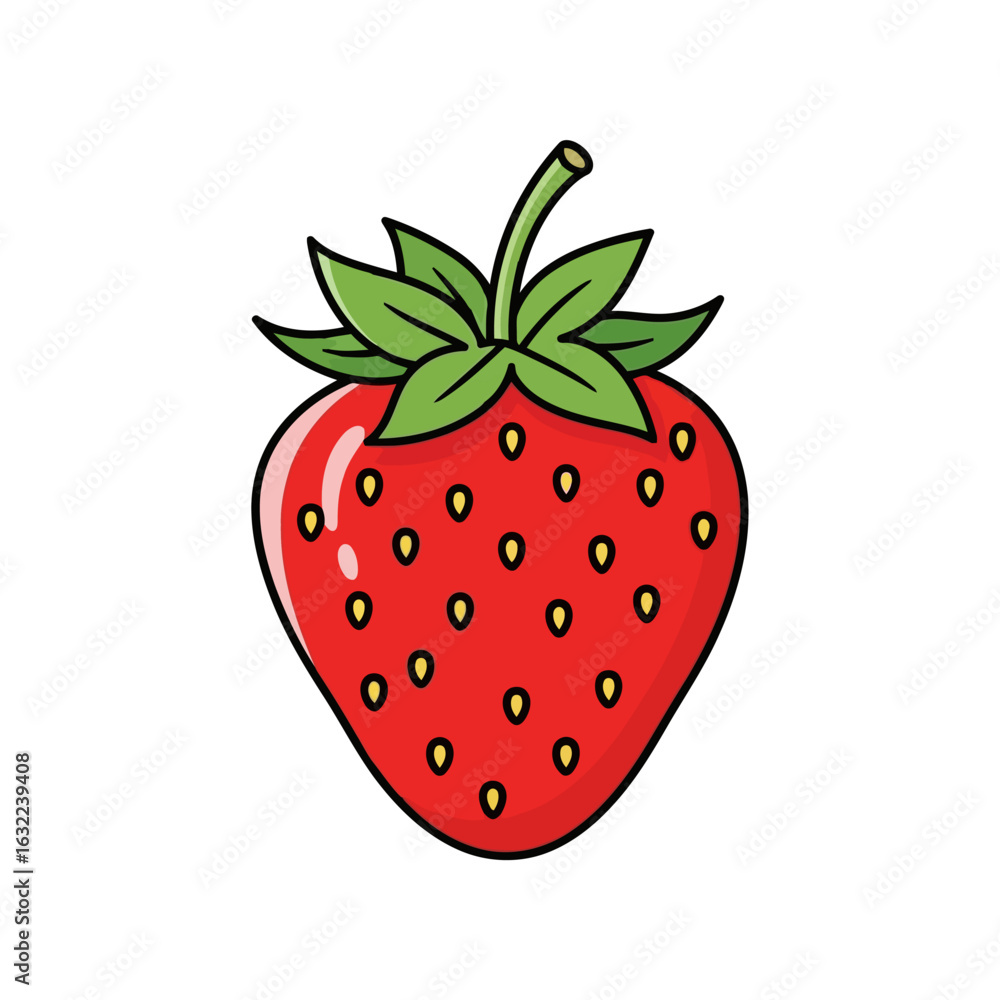 Fototapeta premium Vector art of a single ripe strawberry with green leaves, isolated on white background