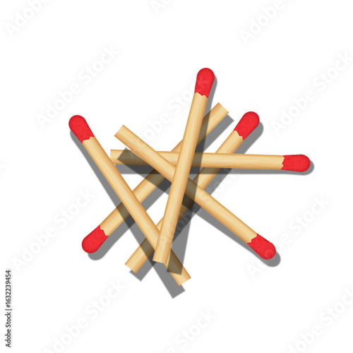 Pile of wooden matches with red tips scattered casting soft shadows isolated on white background realistic 3d vector, symbolizing mess, search for ideas, chaos, creativity or inspiration.