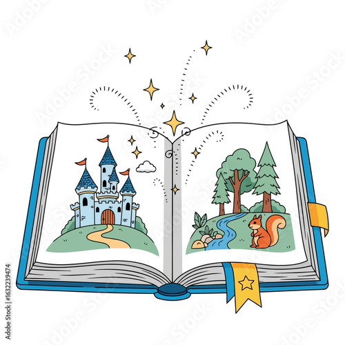 Vector art of open book with fairytale castle and forest scene, magic sparkles