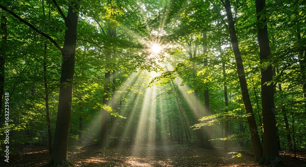 Fototapeta premium Forest bathed in celestial light beams