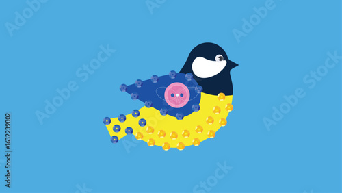 Making a tit from a button and beads. Vector illustration.