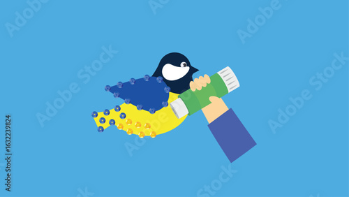 Making a tit from a button and beads. Hand with glue. Vector illustration.