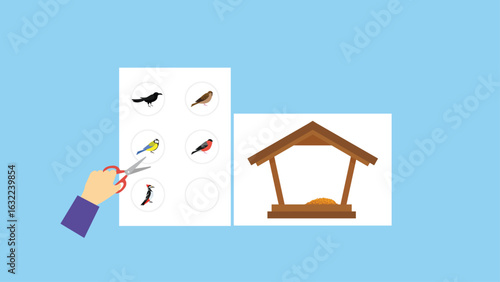 Illustration of a bird feeder with a bird on a blue background