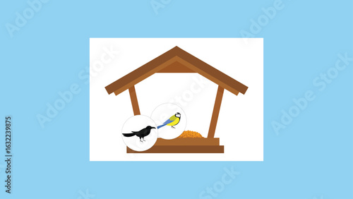 Illustration of a bird feeder with a bird on a blue background