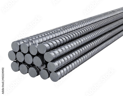 Single Reinforcement Steel Rebar Rod, 3D Render, Transparent or White Background.