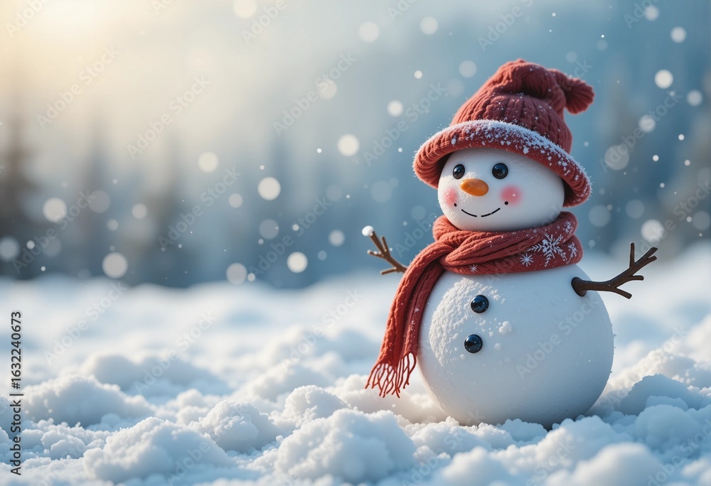 Fototapeta premium Snowman on snowy ground under blue sky with holiday decorations and winter celebration elements