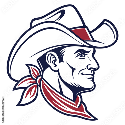 Profile view of a cowboy in a wide-brimmed hat and bandana.  Bold line art style with red, white, and navy accents.  The figure's head and upper torso are depicted