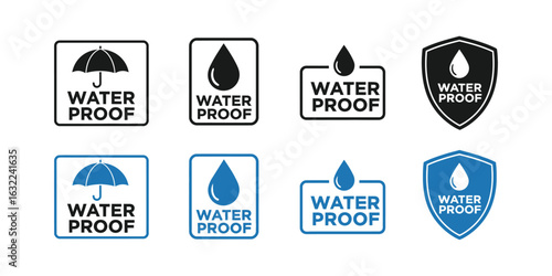 Collection of Water Proof Iconography Representing Protection Against Water Damage and Liquid Infiltration with Stylized Designs and Color Variations
