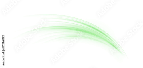 Glowing green laser trace PNG with motion blur and urban light stripes. Futuristic energy lines on green background for modern technological art, sci-fi design or abstract overlays	