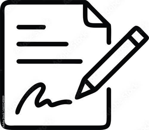 Illustration of a document with signature and pencil, isolated on white background