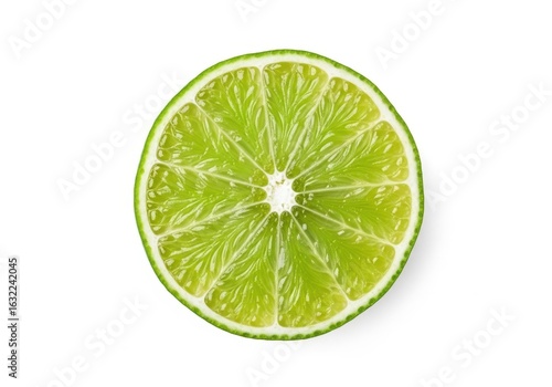 Vibrant green lime slice with detailed segments on white citrus fruit