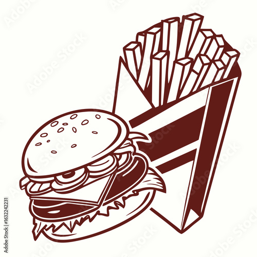 A stylized illustration of a hamburger and french fries in a container