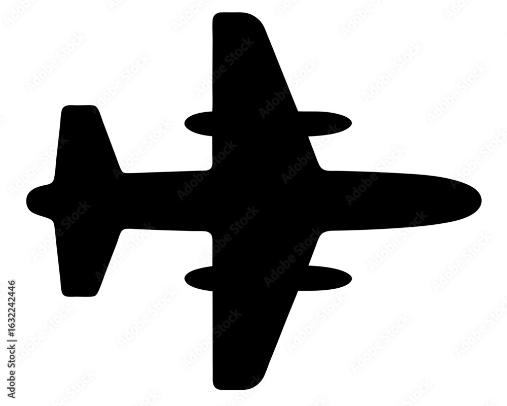 Obraz premium Silhouette of a twinengine propeller airplane viewed from above on white
