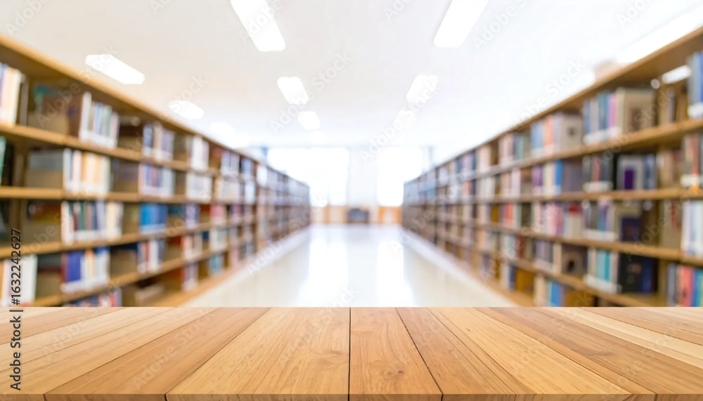Fototapeta premium Wooden table with blurred library interior space background