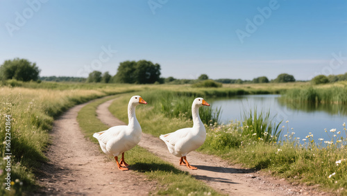 Two white geese walking along dirt path near calm river in green countryside on sunny summer day