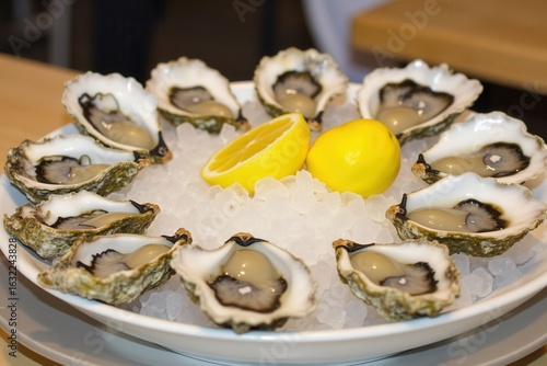 A dozen raw oysters rest on ice with bright lemon halves, served chilled, delicious and ready to eat