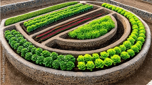 Circular Stone Garden Bed With Leafy Green Vegetables And Herbs