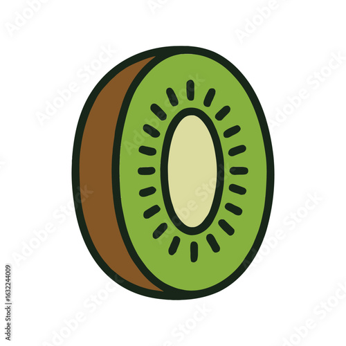 A vibrant green kiwi fruit cut in half, showcasing its texture.