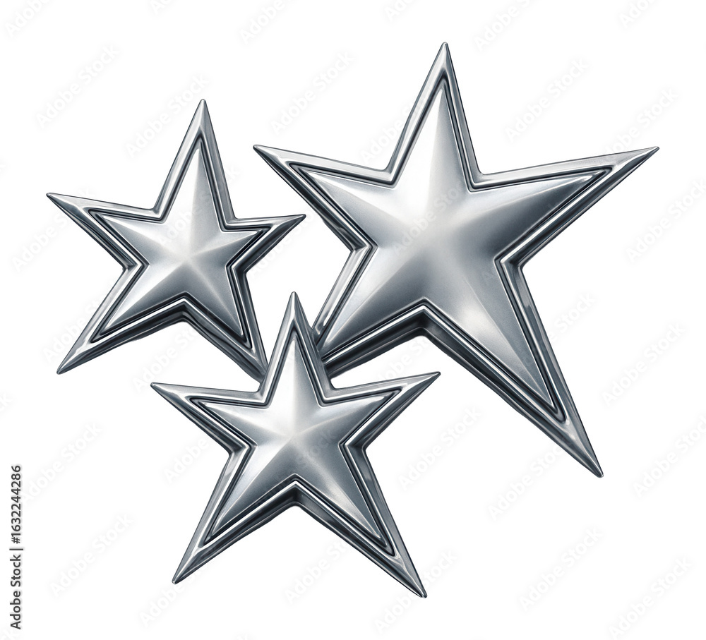 Obraz premium Three metallic silver stars of varying sizes with reflective surfaces on transparent background.