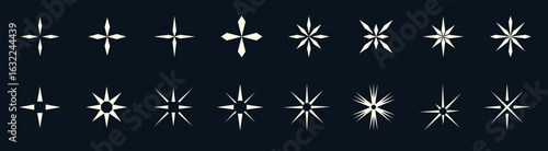 Glittering stars and shining bursts in a bold retro pack. Flat light shapes radiate brilliance and firework motion. Perfect for festive posters or stylish constellation templates.