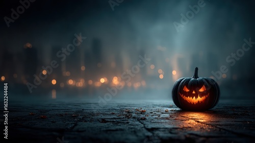 Glowing jack-o'-lantern on a misty night