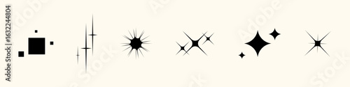Minimalist starbursts and glowing flares with festive spark. Clean flat symbols shine against light space. Use in celebration design, tattoo references or magical posters.