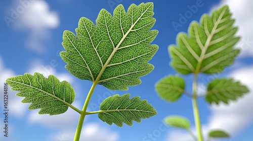 Close Up Green Leaves Against Blue Sky with Clouds