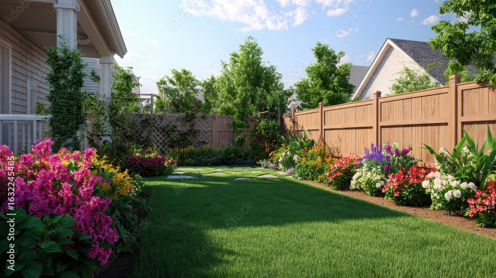 Naklejka premium Sunny, green backyard with flowers, fence, and house. Home sale marketing image