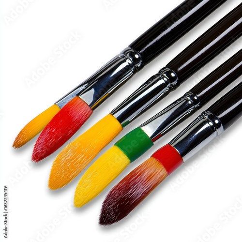 Close Up of Assorted Paintbrushes with Vibrant Colored Tips and Dark Handles on White