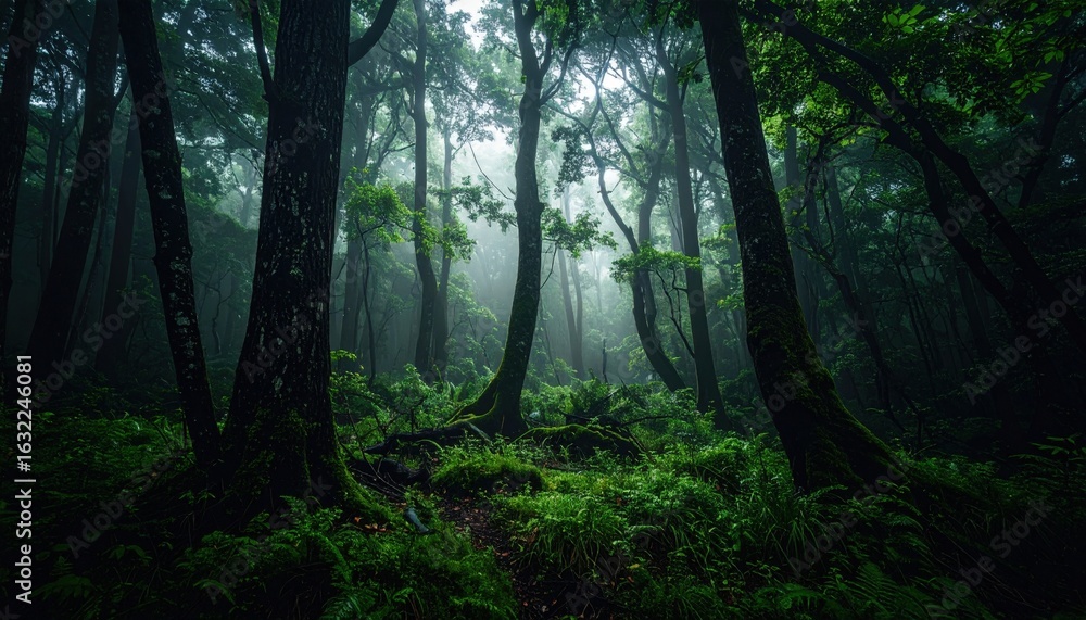 Fototapeta premium Misty Forest Landscape With Dark Trees And Lush Green Vegetation