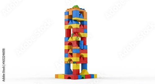 high-angle view of a vibrant, colorful toy building block tower isolated on a transparent background, perfect for educational or creative projects