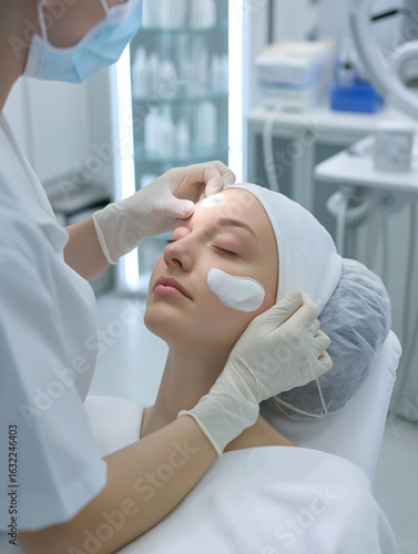 Woman receiving professional skincare treatment at a beauty salon. A cosmetologist gently treats her face in a clean, calm spa environment. AI-generated, symbolic beauty and wellness concept.