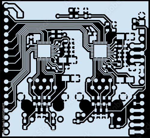 Tracing conductors of printed circuit board
of electronic device. Vector engineering 
drawing of pcb design. Electric background.
Computer technic cad design.