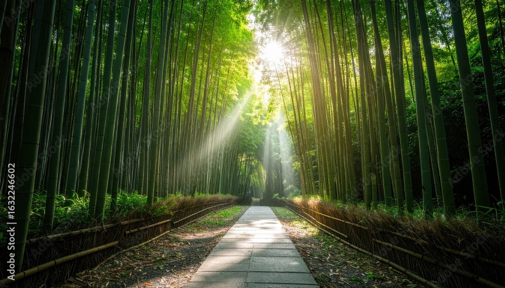 Fototapeta premium Sunlight Path Through Lush Bamboo Forest