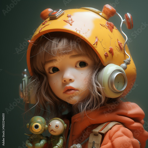 Cute Girl in Futuristic Yellow Helmet and Orange Outfit – Whimsical Digital Art Portrait